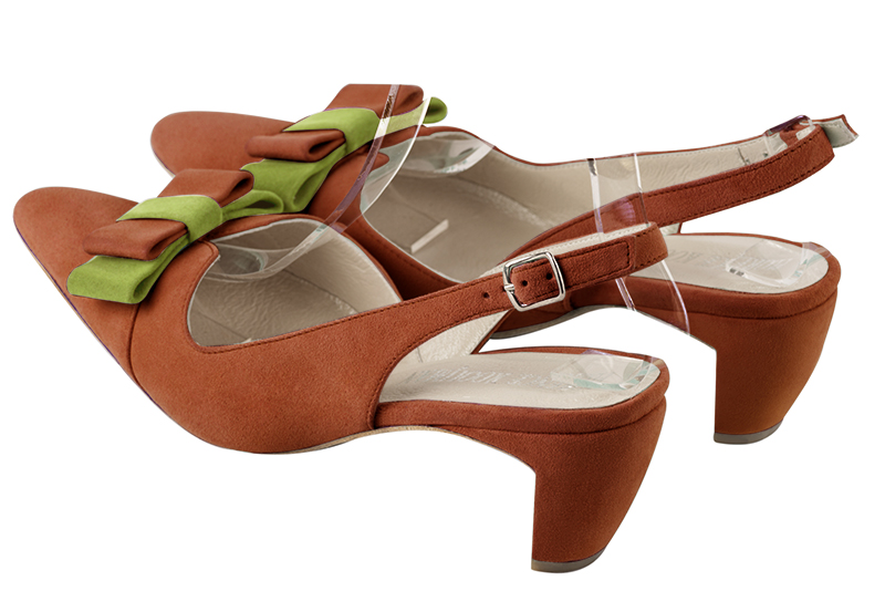 Terracotta orange women's open back shoes, with a knot. Tapered toe. Medium comma heels. Rear view - Florence KOOIJMAN